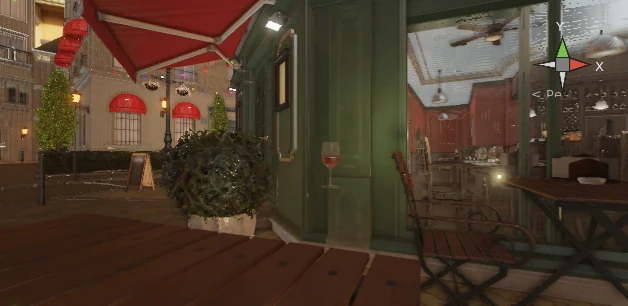 The Bistro terrace with screen-space reflections and reflection probes
