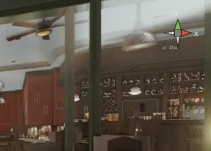 The scene view's orientation gizmo in the corner of the Bistro viewport, with its perspective/orthographic toggle