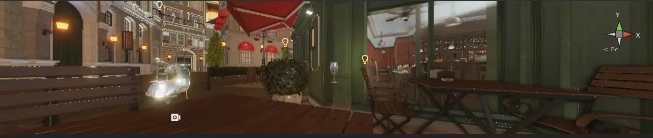 The Bistro terrace with cascaded shadows and SSAO: contact darkening under the awning, the planter, and the chair legs