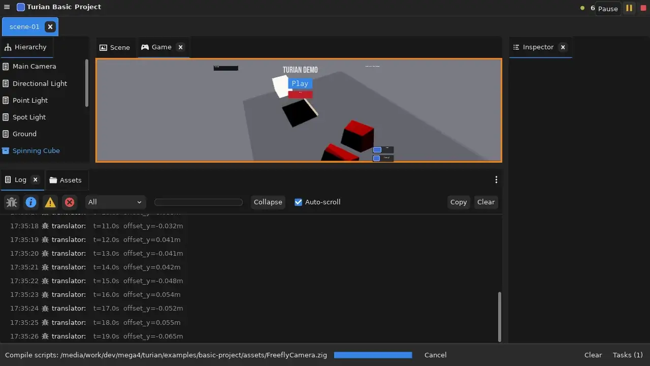 Log panel docked below the viewport during Play mode, with level filters, category dropdown, search, and auto-scroll