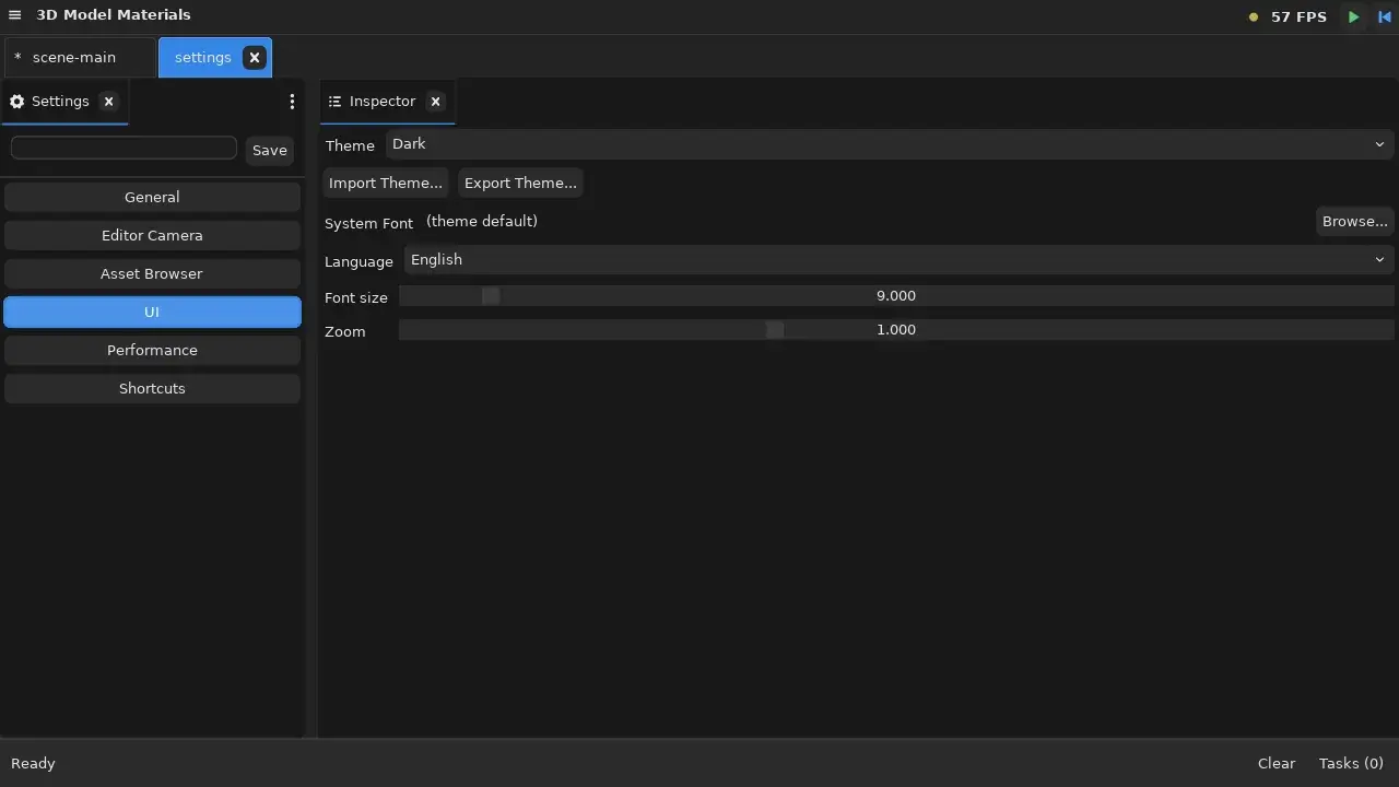 Settings editor with category sidebar, showing the UI category with theme, language, font size, and zoom