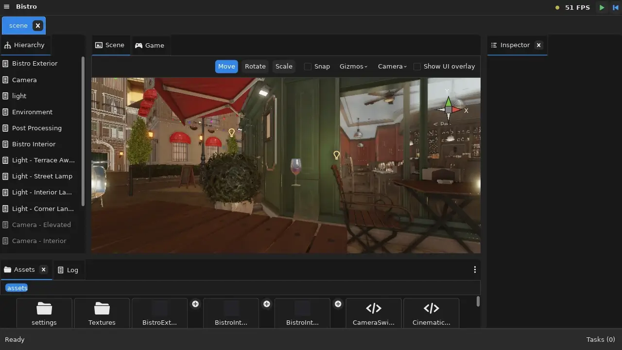 The Bistro exterior rendered in the Studio viewport with all 1,591 submeshes and 132 materials visible