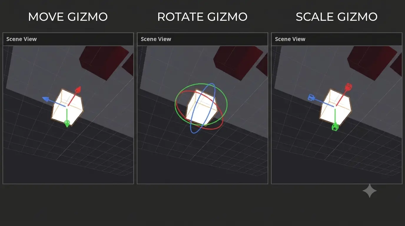 Scene viewport showing transform gizmos manipulating a selected object