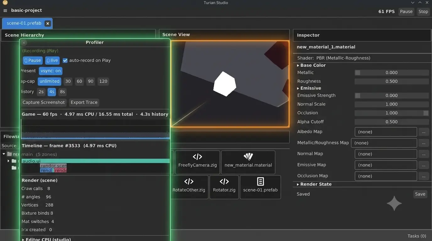 Performance profiler timeline displaying frame timings and CPU zones