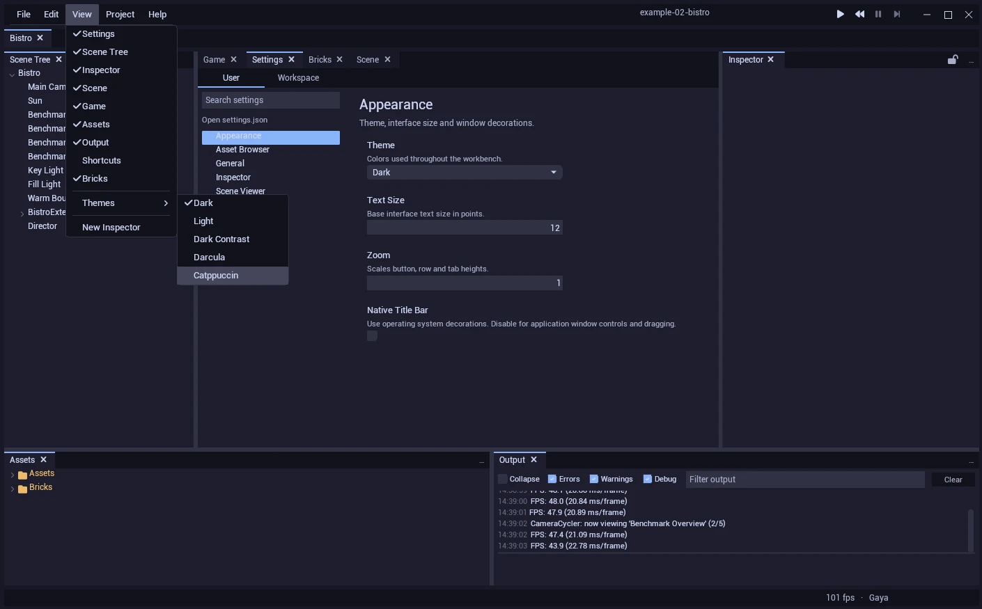 Studio's Appearance settings and View, Themes menu in the Catppuccin theme