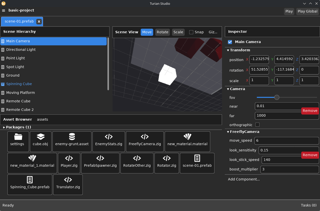 Turian Studio のメインエディタ。階層、インスペクタ、ビューポート、アセットブラウザを表示