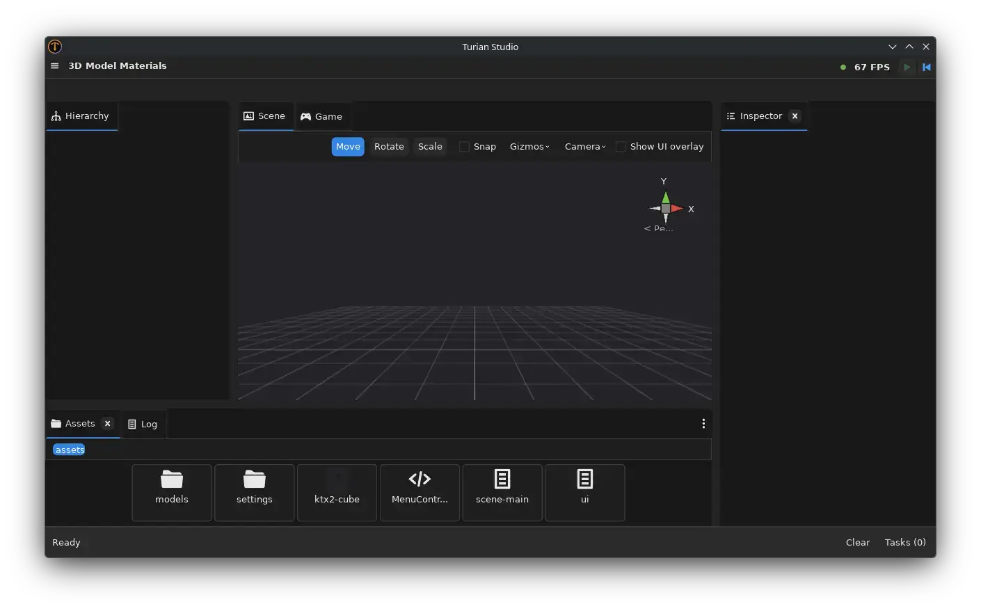 ドッキングパネル、3Dビューポート、Inspector、Asset Browserを備えた Turian Studio