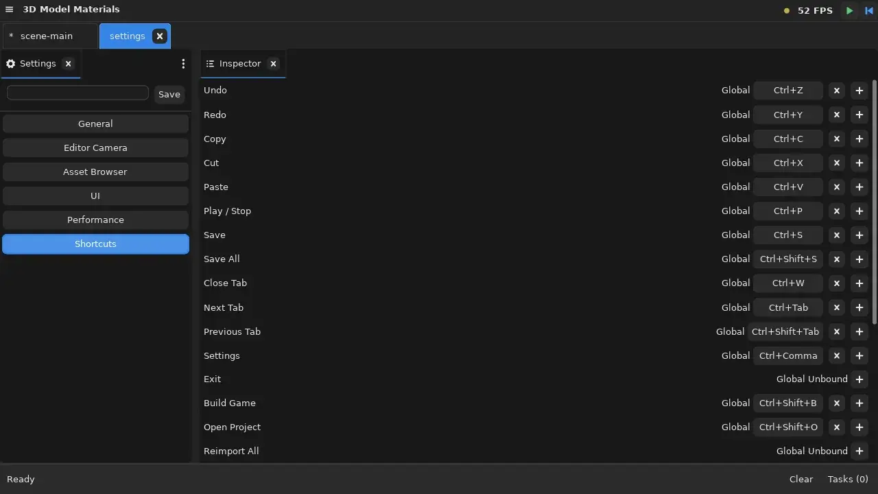 各コマンドとそのスコープ、現在のキー割り当てを一覧表示する Shortcuts エディタ