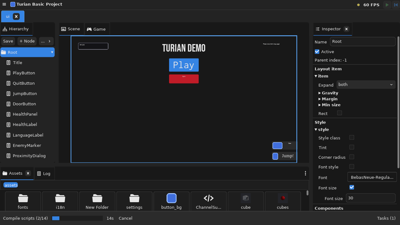 Editor de UIDoc com a tela de título do projeto de exemplo: árvore de nós, canvas WYSIWYG e inspector de layout/estilo