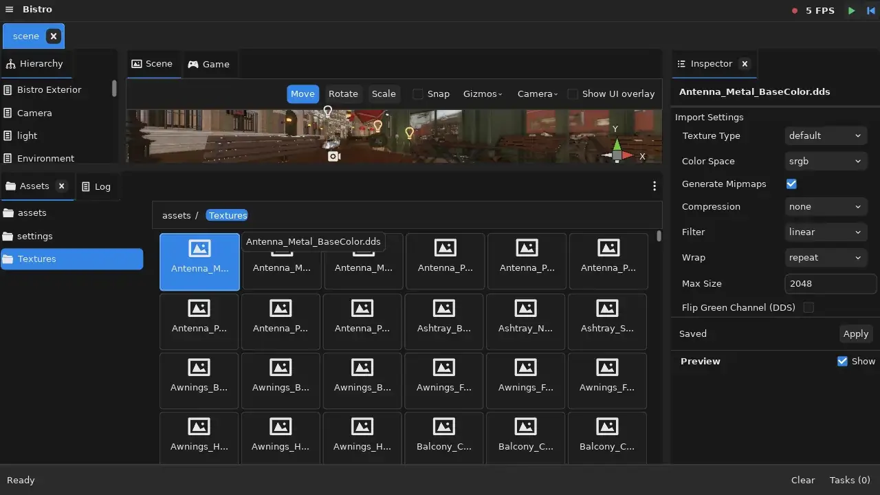 Asset Browser no modo Grid+Tree navegando por mais de 600 texturas do Bistro, com navegação breadcrumb e configurações de importação no Inspector