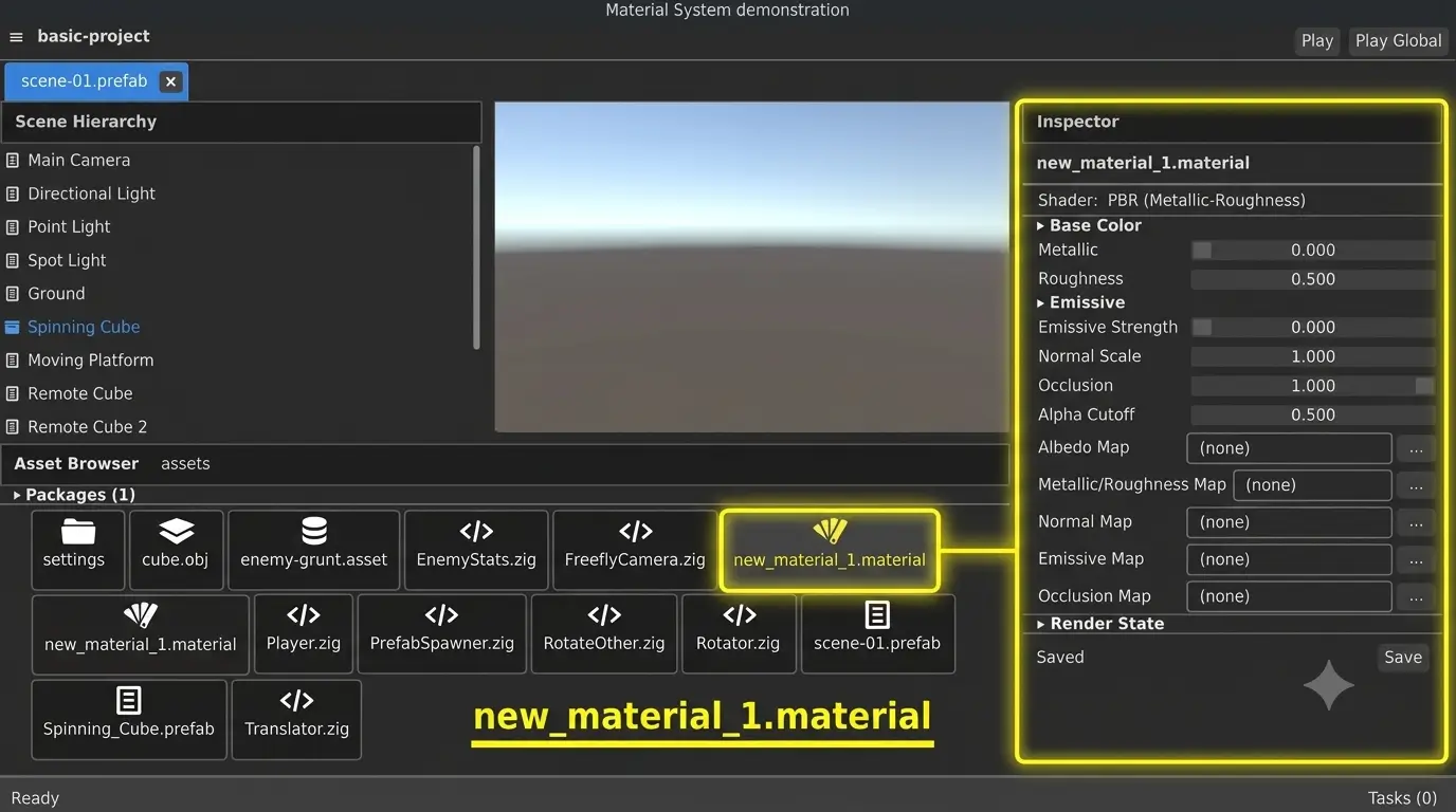 Material inspector editing an imported glTF model with PBR textures